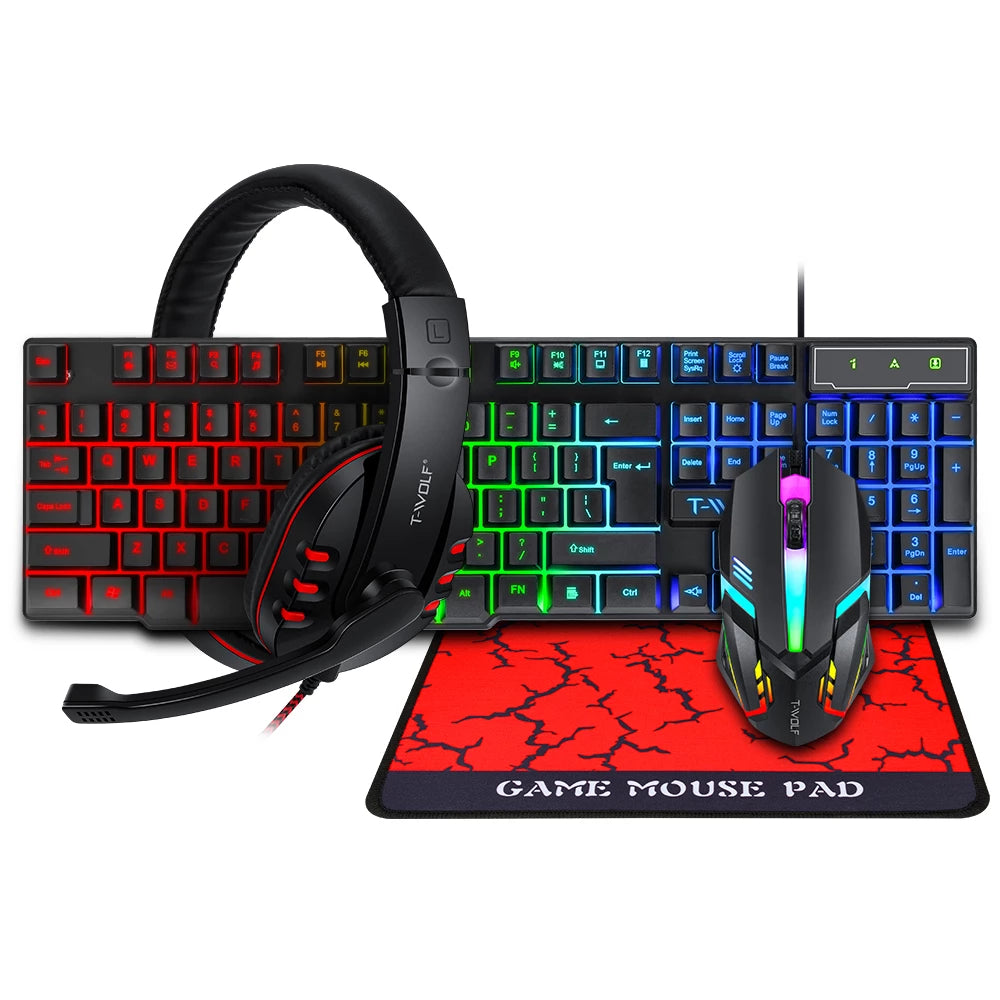 T-Wolf TF800 4 in 1 Gaming Set: Keyboard, Mouse, Mousepad, Headset - Mega IT Stores