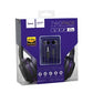 two pack earphones and headphones purple and black