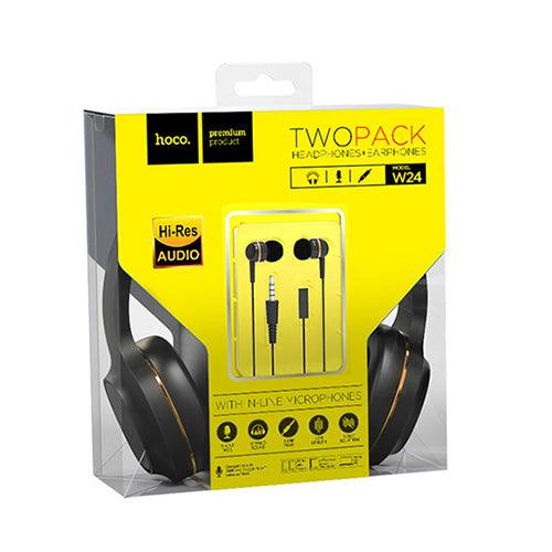 two pack headphones and earphones black and yellow.